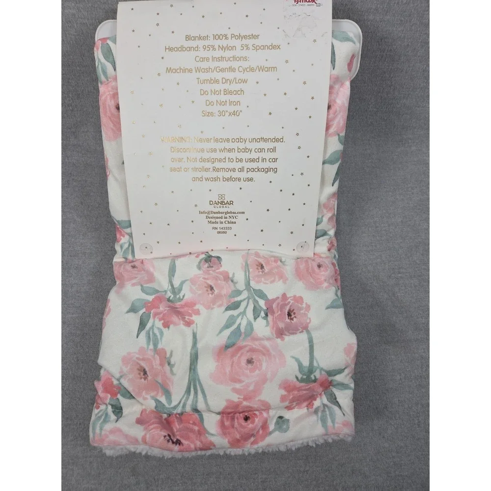 Simply BABY Chic PInk Rose Plush Blanket Set & 3 Matching Head Wraps Gift NEW